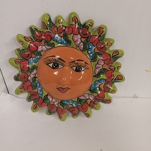 Mexican Handpainted Terra cotta Sun Face Wall Art 12" Cobalt